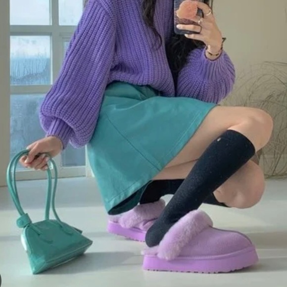 UGG Disquette Platform Sheepskin Suede Fur Lilac Lavender Slip On Shoe Sz 8 NEW - Picture 15 of 16